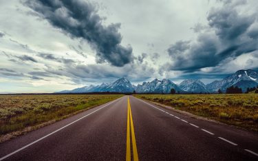 Road Field Horizon Mountains Clouds Sky